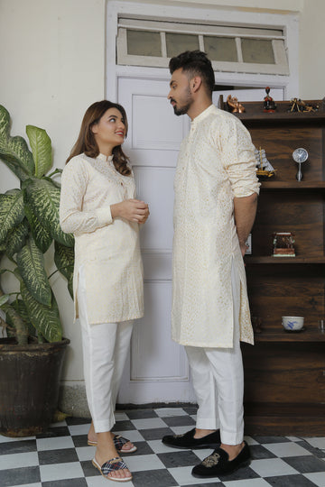 Self Golden Designer Kurta With White Trouser For Couples